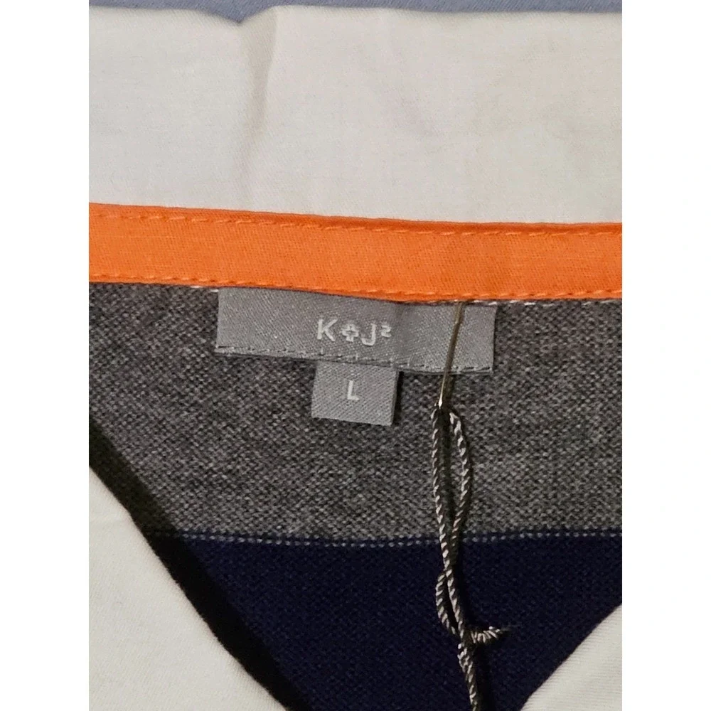 K+J2 Grey Striped Collared Polo Merino Wool‎ Long Sleeve Sz Large